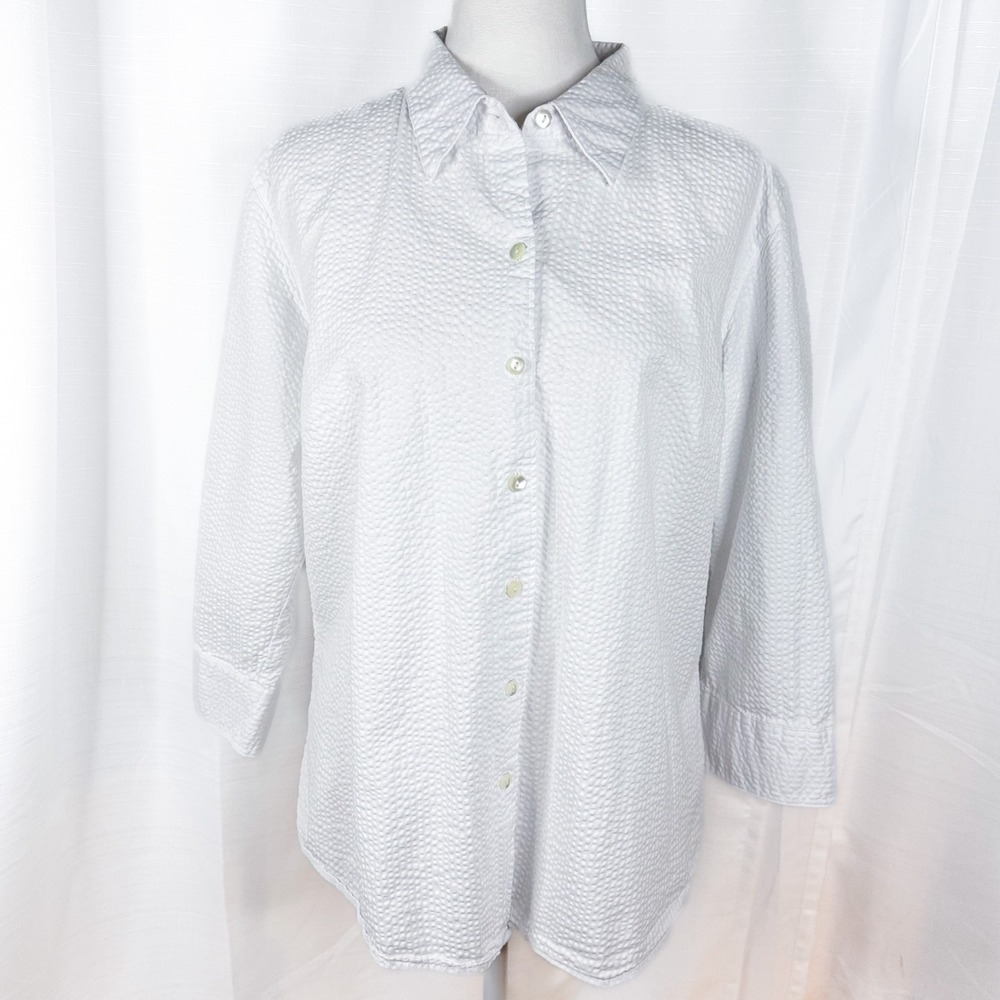 LL Bean Shirt Womens Large White Seersucker Button Front 3/4 Sleeve Cotton EUC